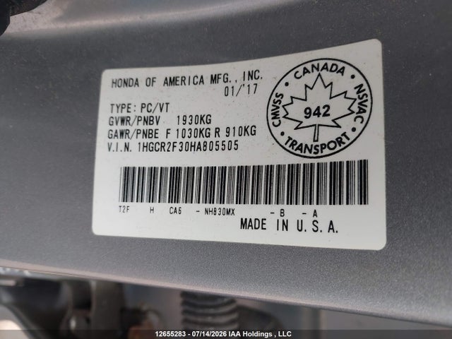 1HGCR2F30HA805505 Honda ACCORD LX