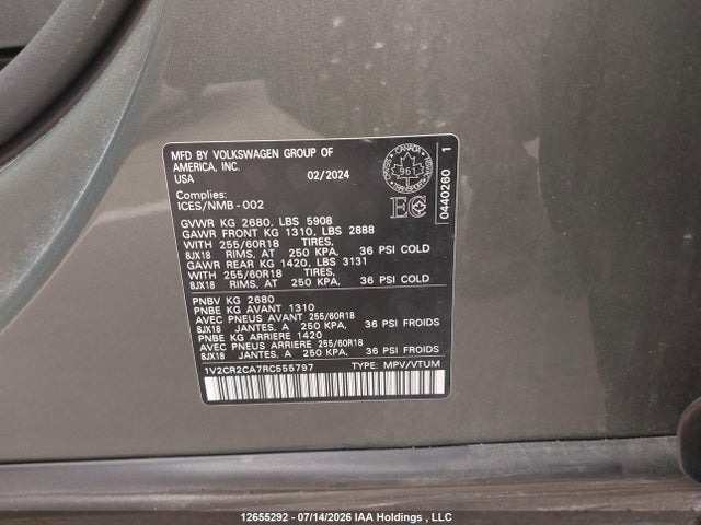 Aukcja sprzedaży 2024 Volkswagen Atlas Peak Edition Se, vin: 1V2CR2CA7RC555797, numer aukcji: 12655292