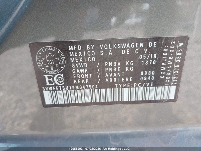 Aukcja sprzedaży 2019 Volkswagen Jetta 1.4 Tsi Highline, vin: 3VWE57BU1KM047504, numer aukcji: 12655293