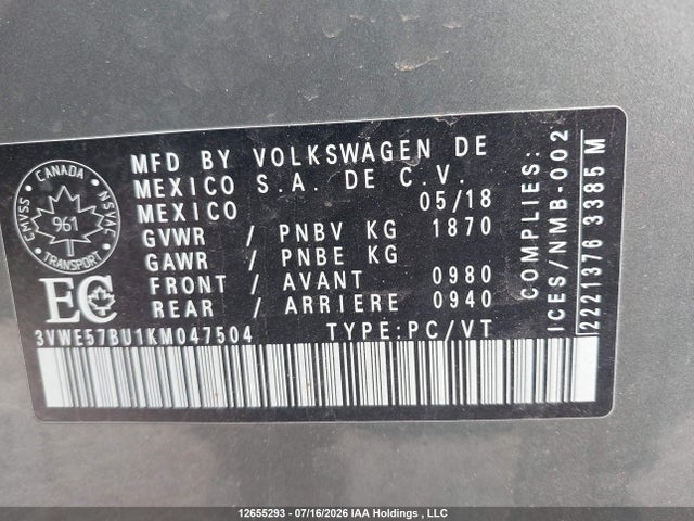 Aukcja sprzedaży 2019 Volkswagen Jetta 1.4 Tsi Highline, vin: 3VWE57BU1KM047504, numer aukcji: 12655293