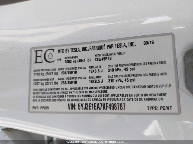Aukcja sprzedaży 2019 Tesla Model 3 Long Range/mid Range/standard Range/standard Range Plus, vin: 5YJ3E1EA7KF498787, numer aukcji: 12655294