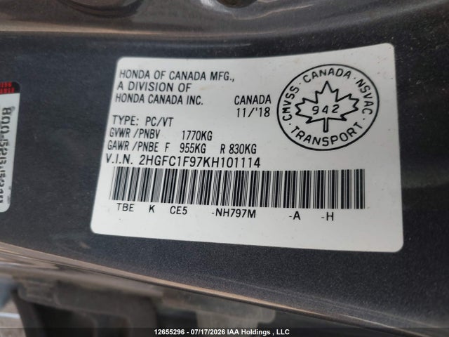 Honda Civic Touring 2019 2HGFC1F97KH101114 Image 9