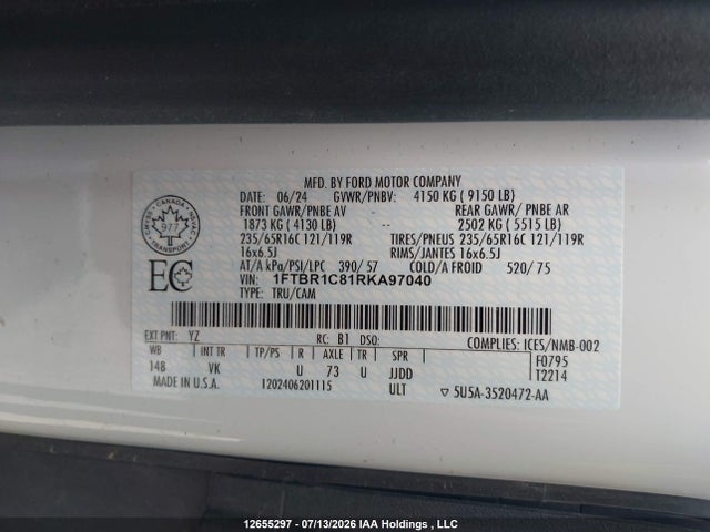 Ford Transit T-250 2024 1FTBR1C81RKA97040 Image 9