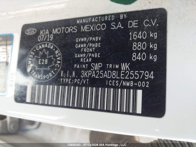 12655303 :رقم المزاد ، 3KPA25AD8LE255794 vin ، 2020 Kia Rio Lx/s مزاد بيع