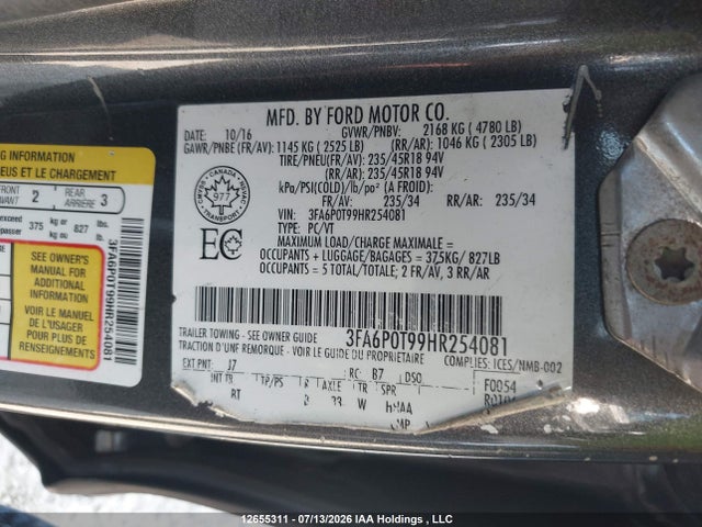Ford FUSION SE 2017 3FA6P0T99HR254081 Image 9