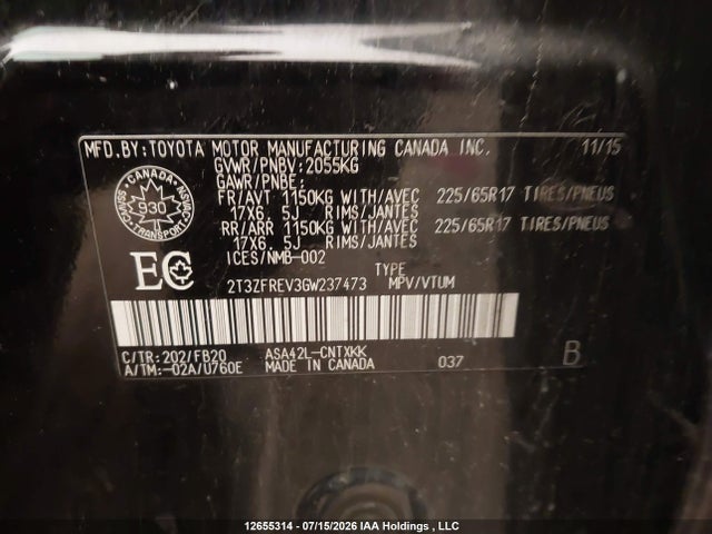 2T3ZFREV3GW237473 Toyota RAV4 LE