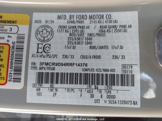 2024 Ford Bronco Sport Badlands მანქანა იყიდება აუქციონზე, vin: 3FMCR9D94RRF14376, აუქციონის ნომერი: 12655319