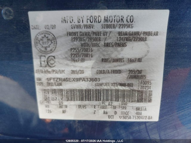 12655320 :رقم المزاد ، 1FTZR45EX9PA33603 vin ، 2009 Ford Ranger Fx4/off-rd/sport/xl/xlt مزاد بيع