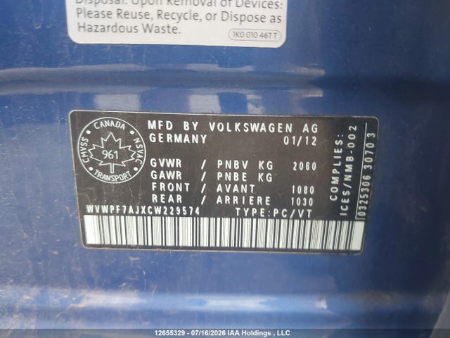 Продаж на аукціоні авто 2012 Volkswagen Golf R, vin: WVWPF7AJXCW229574, номер лоту: 12655329