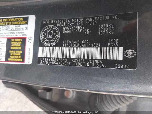 Продаж на аукціоні авто 2010 Toyota Camry, vin: 4T1BF3EK5AU111524, номер лоту: 12655330