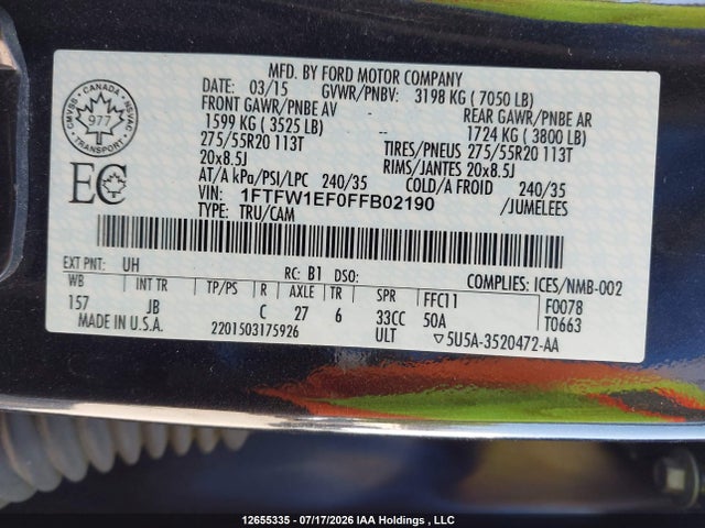 12655335 :رقم المزاد ، 1FTFW1EF0FFB02190 vin ، 2015 Ford F150 Supercrew مزاد بيع