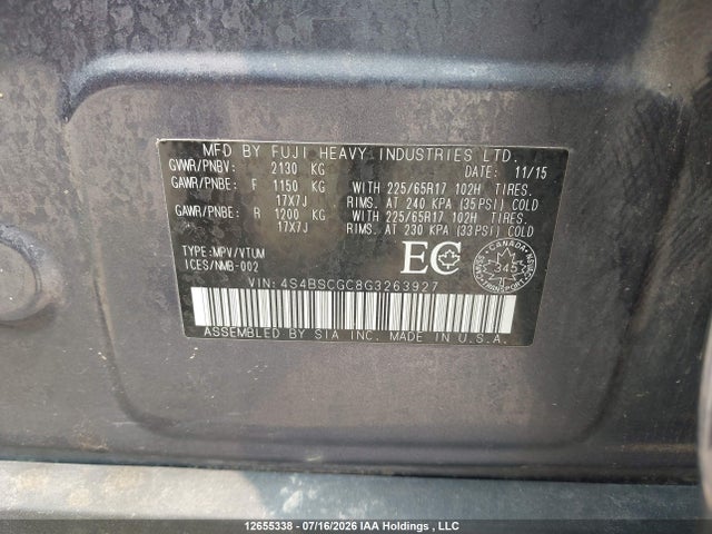 2016 Subaru Outback 2.5i Premium მანქანა იყიდება აუქციონზე, vin: 4S4BSCGC8G3263927, აუქციონის ნომერი: 12655338
