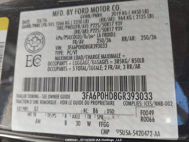 Aukcja sprzedaży 2016 Ford Fusion Se, vin: 3FA6P0HD8GR393033, numer aukcji: 12655341