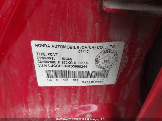 Aukcja sprzedaży 2013 Honda Fit, vin: LUCGE8H56D3000244, numer aukcji: 12655344
