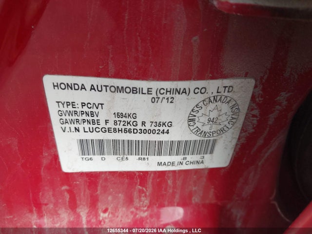 Aukcja sprzedaży 2013 Honda Fit, vin: LUCGE8H56D3000244, numer aukcji: 12655344