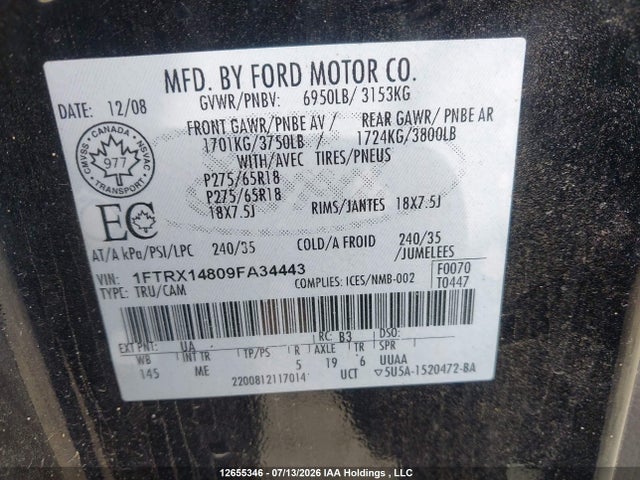 Продаж на аукціоні авто 2009 Ford F150 Super Cab, vin: 1FTRX14809FA34443, номер лоту: 12655346