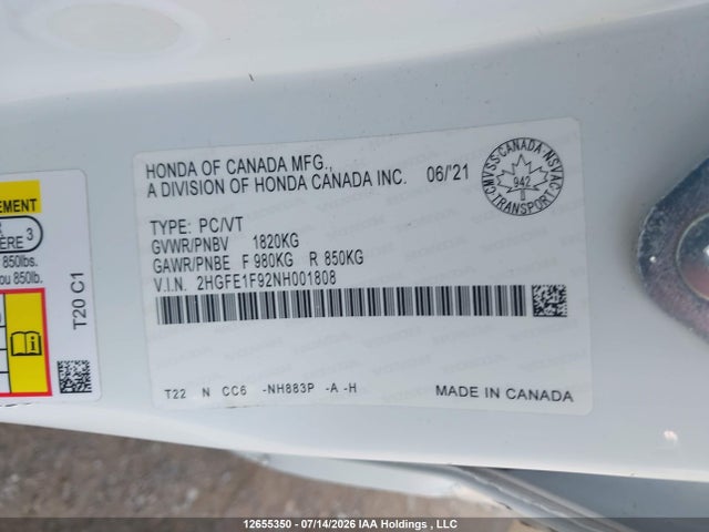 2022 Honda Civic Touring მანქანა იყიდება აუქციონზე, vin: 2HGFE1F92NH001808, აუქციონის ნომერი: 12655350