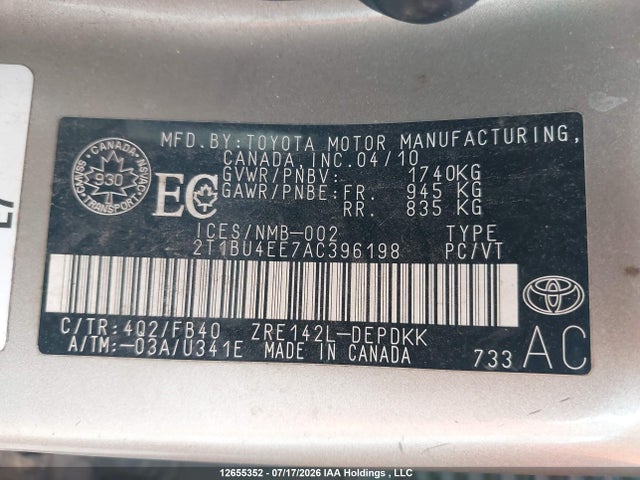 2010 Toyota Corolla S/le/xle მანქანა იყიდება აუქციონზე, vin: 2T1BU4EE7AC396198, აუქციონის ნომერი: 12655352