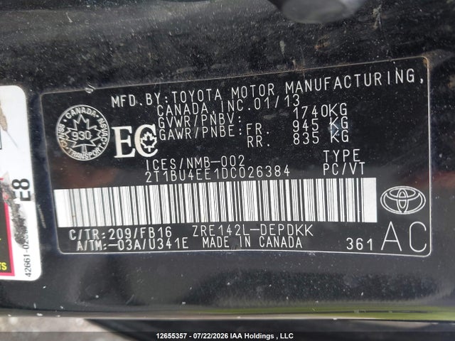 12655357 :رقم المزاد ، 2T1BU4EE1DC026384 vin ، 2013 Toyota Corolla مزاد بيع