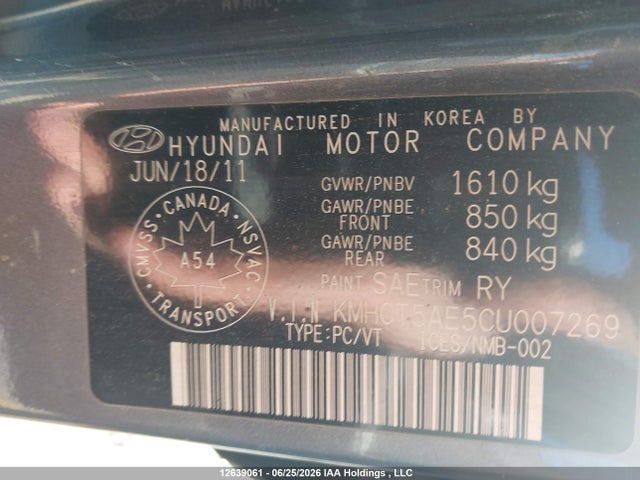 12639061 :رقم المزاد ، KMHCT5AE5CU007269 vin ، 2012 Hyundai Accent Gl مزاد بيع
