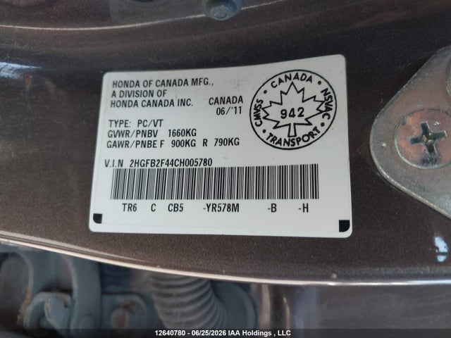 2012 Honda Civic Lx მანქანა იყიდება აუქციონზე, vin: 2HGFB2F44CH005780, აუქციონის ნომერი: 12640780