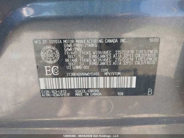 12655360 :رقم المزاد ، 2T3RK4DV8AW015468 vin ، 2010 Toyota Rav4 مزاد بيع