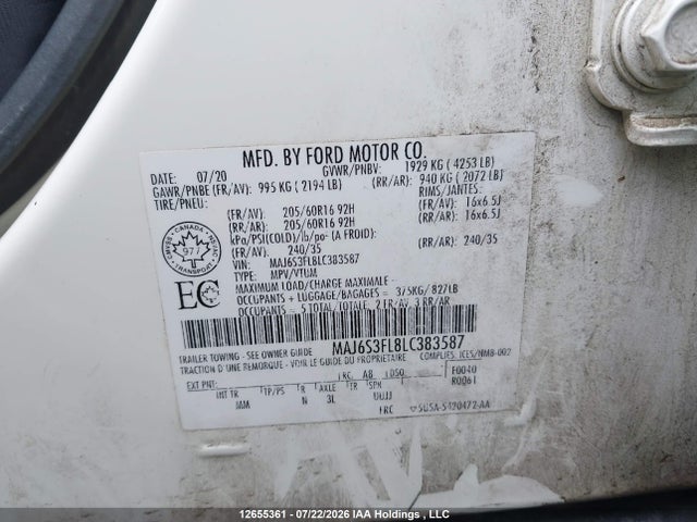 2020 Ford Ecosport S მანქანა იყიდება აუქციონზე, vin: MAJ6S3FL8LC383587, აუქციონის ნომერი: 12655361