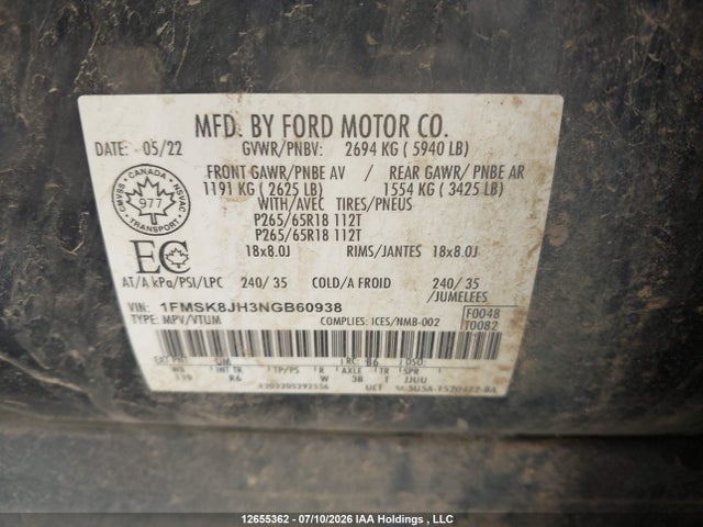 12655362 :رقم المزاد ، 1FMSK8JH3NGB60938 vin ، 2022 Ford Explorer Timberline مزاد بيع