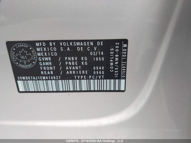 Aukcja sprzedaży 2014 Volkswagen Jetta 2.0l Comfortline, vin: 3VWDK7AJ1EM414627, numer aukcji: 12655370
