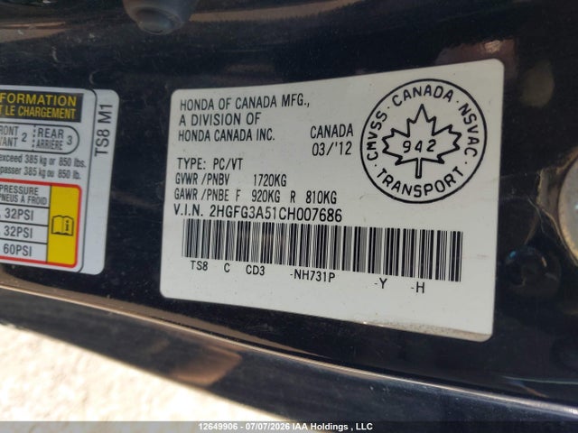 Aukcja sprzedaży 2012 Honda Civic Ex, vin: 2HGFG3A51CH007686, numer aukcji: 12649906