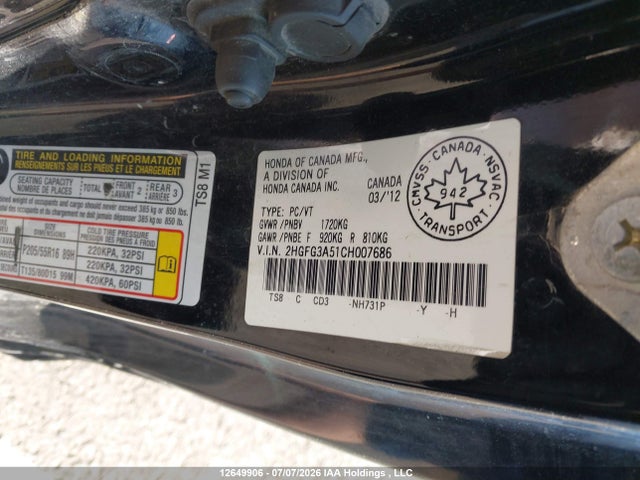 Aukcja sprzedaży 2012 Honda Civic Ex, vin: 2HGFG3A51CH007686, numer aukcji: 12649906