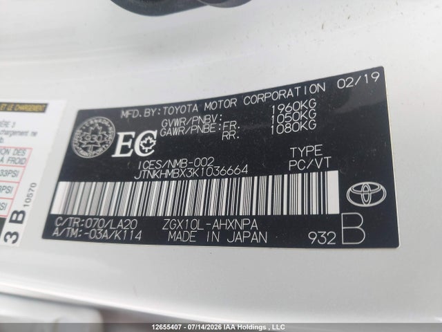 JTNKHMBX3K1036664 Toyota C-hr Xle/le/limited