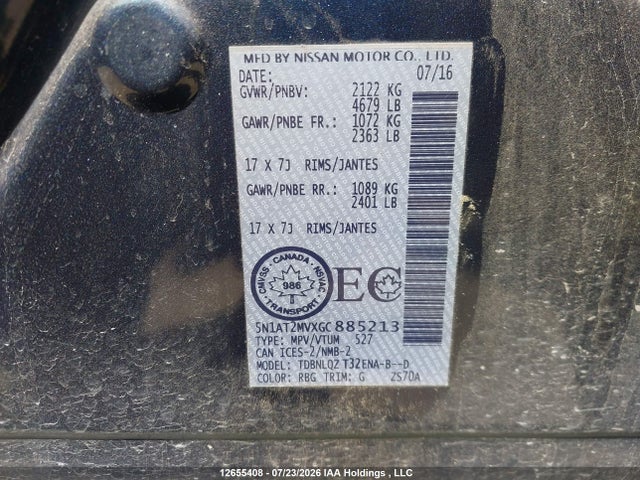 5N1AT2MVXGC885213 Nissan Rogue S/sl Premium/sv