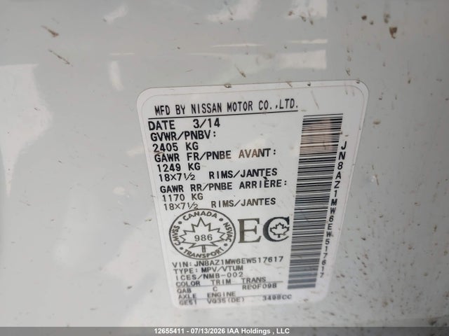 Продаж на аукціоні авто 2014 Nissan Murano Platinum/s/sl/sv, vin: JN8AZ1MW6EW517617, номер лоту: 12655411