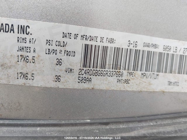 12655416 :رقم المزاد ، 2C4RDGBG6GR337660 vin ، 2016 Dodge Grand Caravan Se مزاد بيع