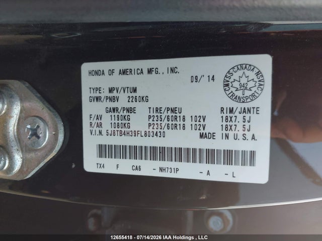 Auction sale of the 2015 Acura Rdx, vin: 5J8TB4H39FL803430, lot number: 12655418