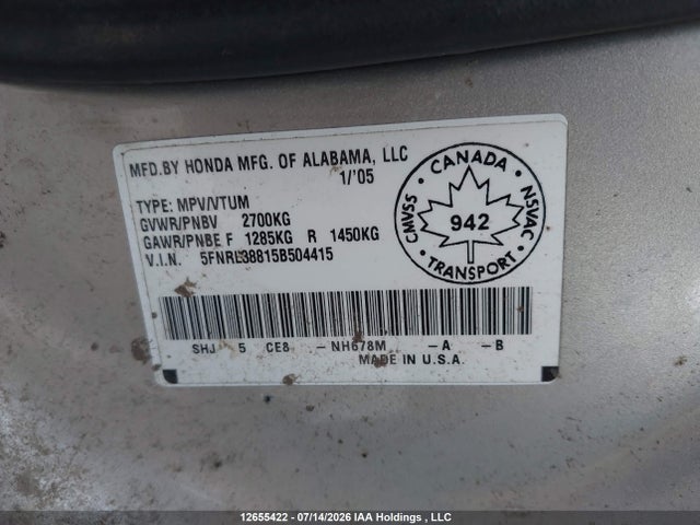 Aukcja sprzedaży 2005 Honda Odyssey Touring, vin: 5FNRL38815B504415, numer aukcji: 12655422
