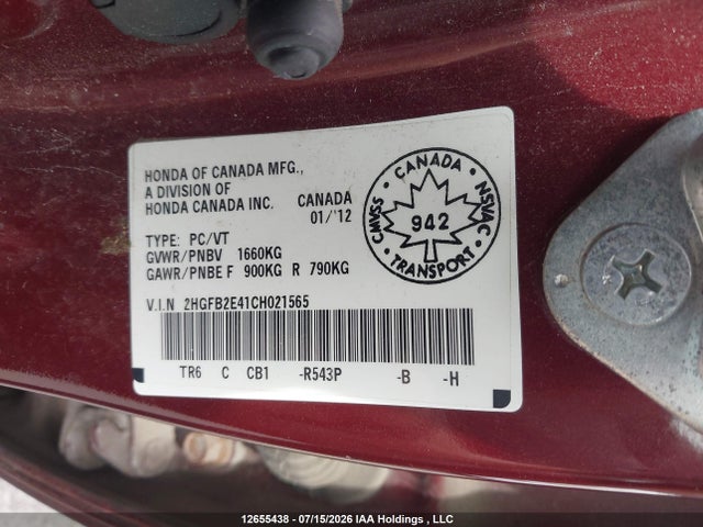 12655438 :رقم المزاد ، 2HGFB2E41CH021565 vin ، 2012 Honda Civic Lx مزاد بيع