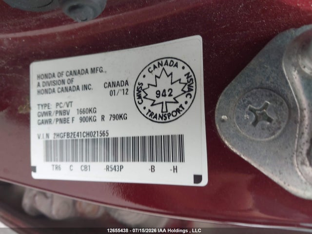 12655438 :رقم المزاد ، 2HGFB2E41CH021565 vin ، 2012 Honda Civic Lx مزاد بيع
