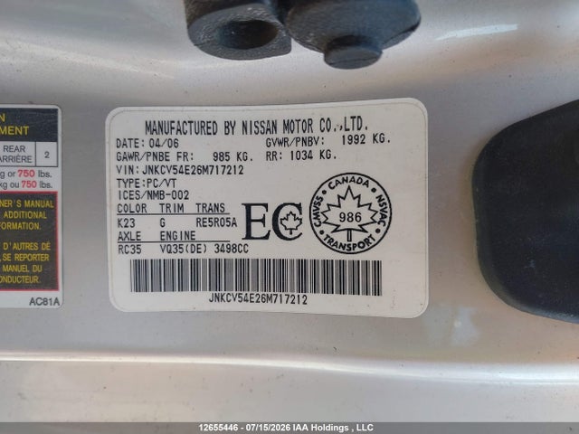 Aukcja sprzedaży 2006 Infiniti G35, vin: JNKCV54E26M717212, numer aukcji: 12655446