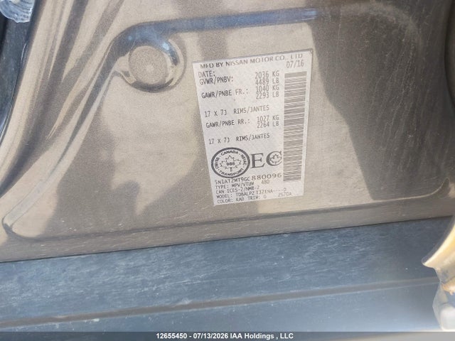12655450 :رقم المزاد ، 5N1AT2MT9GC880096 vin ، 2016 Nissan Rogue S/sl/sv مزاد بيع