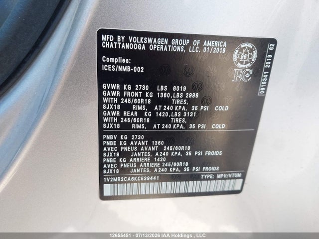 Volkswagen ATLAS SEL 2019 1V2MR2CA6KC539441 Image 9