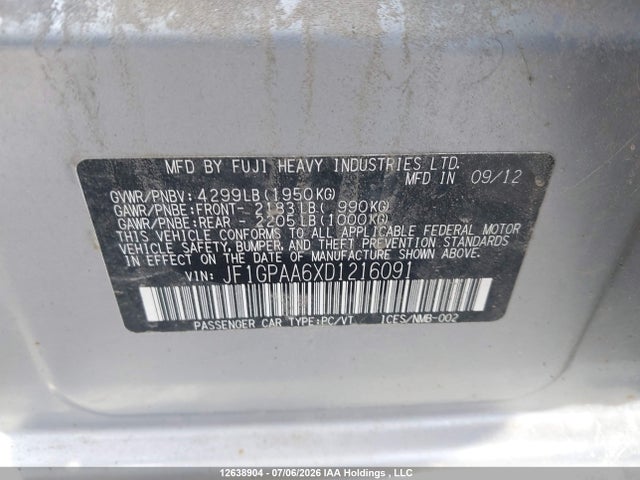 Продажа на аукционе авто 2013 Subaru Impreza 2.0i, vin: JF1GPAA6XD1216091, номер лота: 12638904