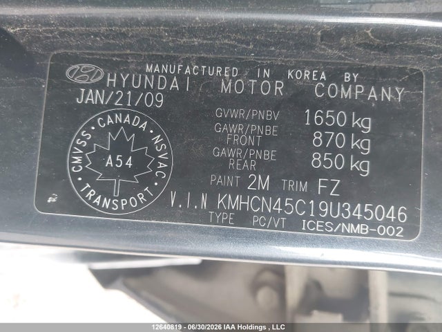 2009 Hyundai Accent 25th Anniversary/gl/gls/l მანქანა იყიდება აუქციონზე, vin: KMHCN45C19U345046, აუქციონის ნომერი: 12640819
