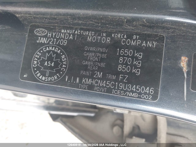 2009 Hyundai Accent 25th Anniversary/gl/gls/l მანქანა იყიდება აუქციონზე, vin: KMHCN45C19U345046, აუქციონის ნომერი: 12640819