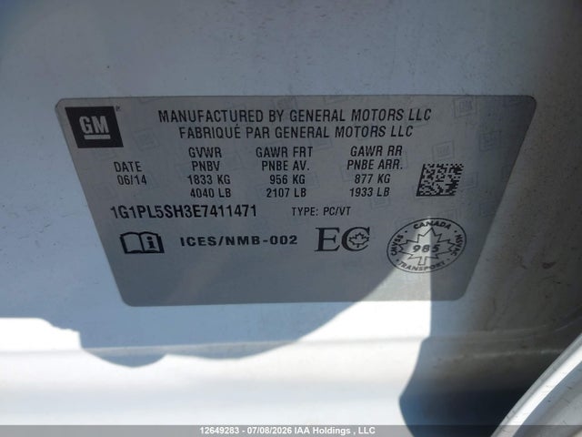 12649283 :رقم المزاد ، 1G1PL5SH3E7411471 vin ، 2014 Chevrolet Cruze 2ls مزاد بيع