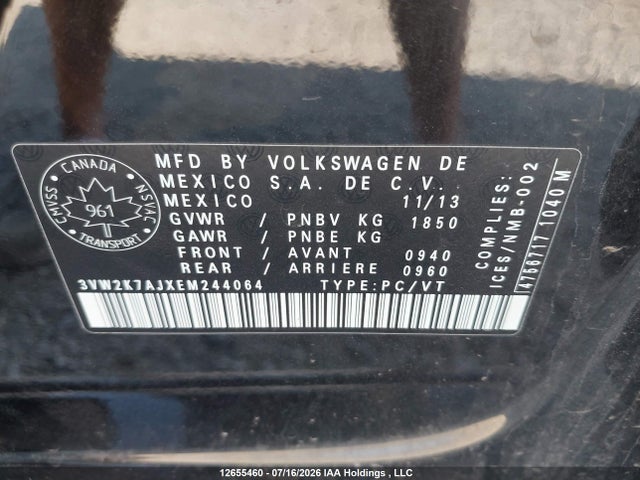 12655460 :رقم المزاد ، 3VW2K7AJXEM244064 vin ، 2014 Volkswagen Jetta S مزاد بيع