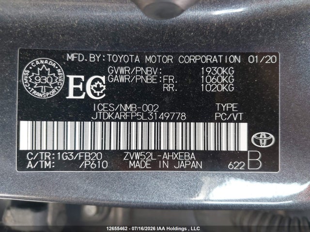 Aukcja sprzedaży 2020 Toyota Prius Prime Le/xle/limited, vin: JTDKARFP5L3149778, numer aukcji: 12655462