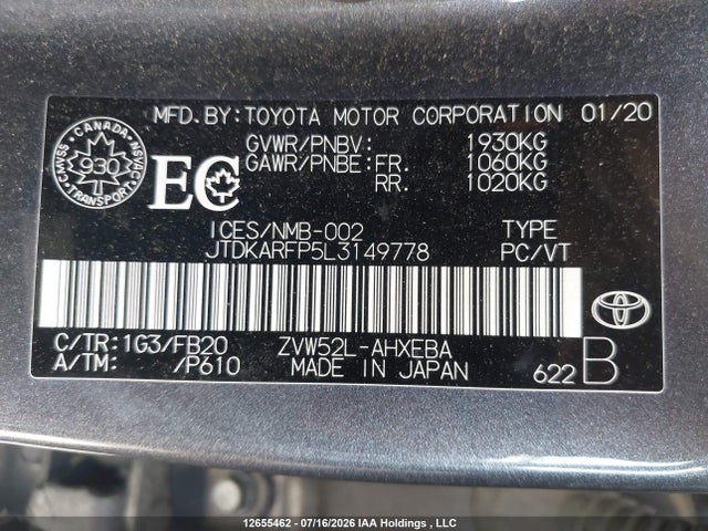 Aukcja sprzedaży 2020 Toyota Prius Prime Le/xle/limited, vin: JTDKARFP5L3149778, numer aukcji: 12655462