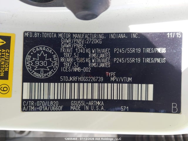 5TDJKRFH0GS226739 Toyota Highlander Xle